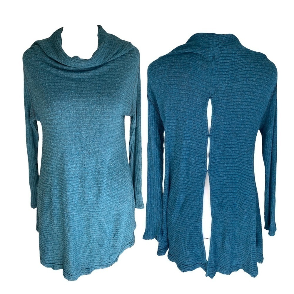 We the Free Size Small Lovers Ribbed Split Back Thermal Cowl Neck Top Blue